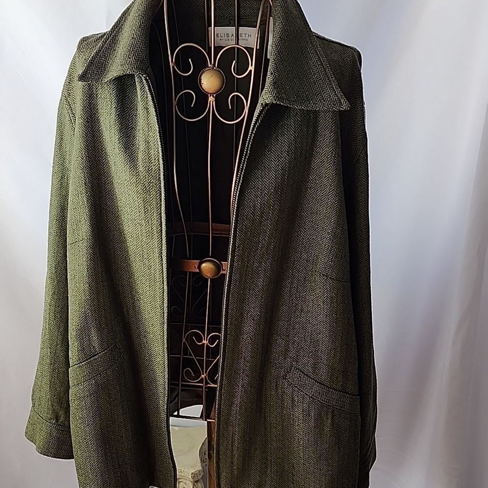 Classic Herringbone Silk Blend Zippered Jacket Moss Green Size 14